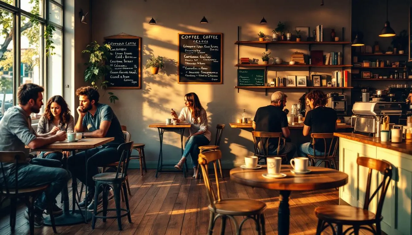 A cozy coffee shop scene showcasing specialty coffee culture.