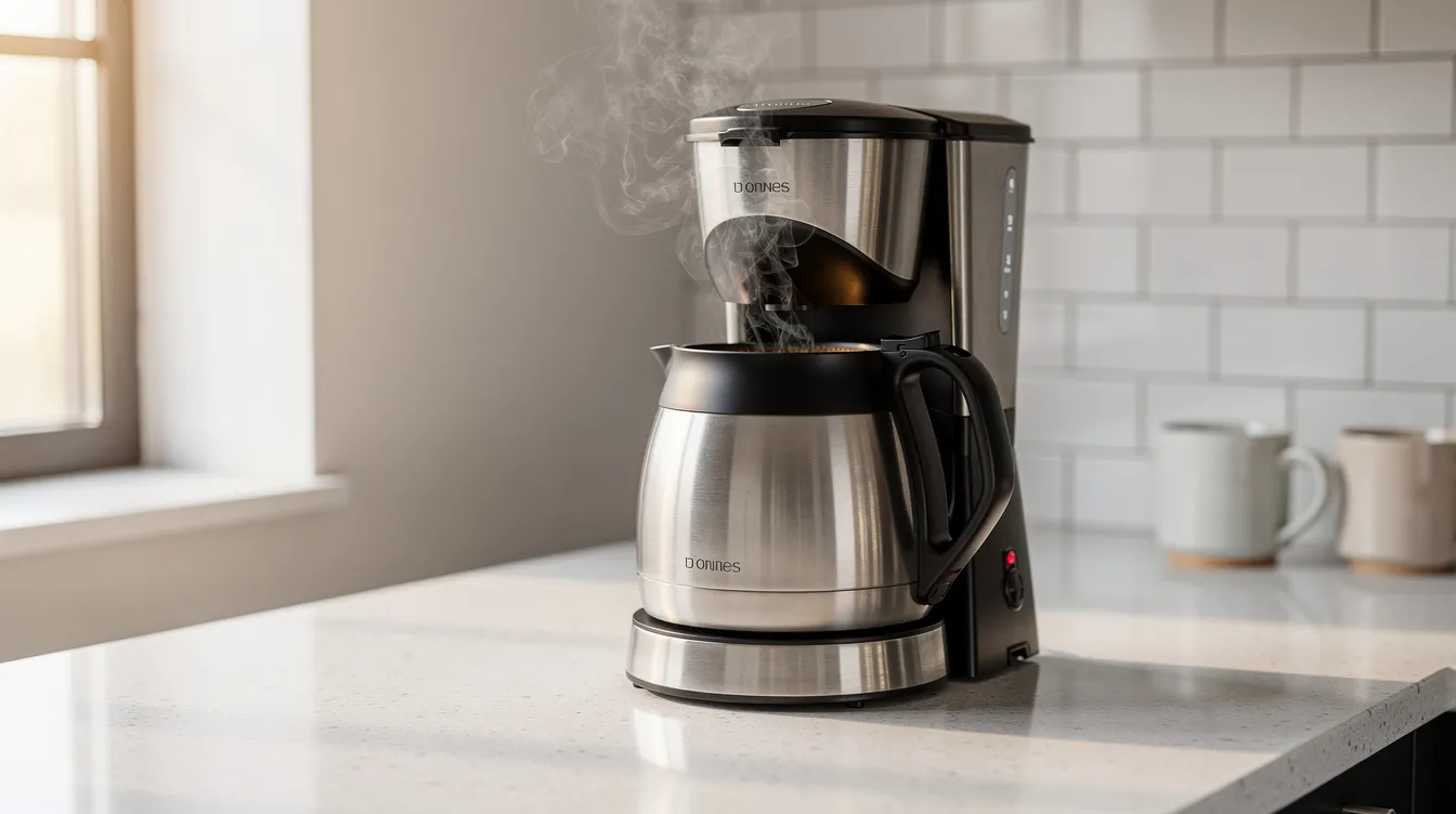 A modern kitchen countertop features a sleek drip coffee maker with a thermal carafe, from which steam rises, indicating the freshness of the hot coffee inside. This setup promises excellent brewing performance, making it a convenient choice for enjoying multiple cups of great coffee.
