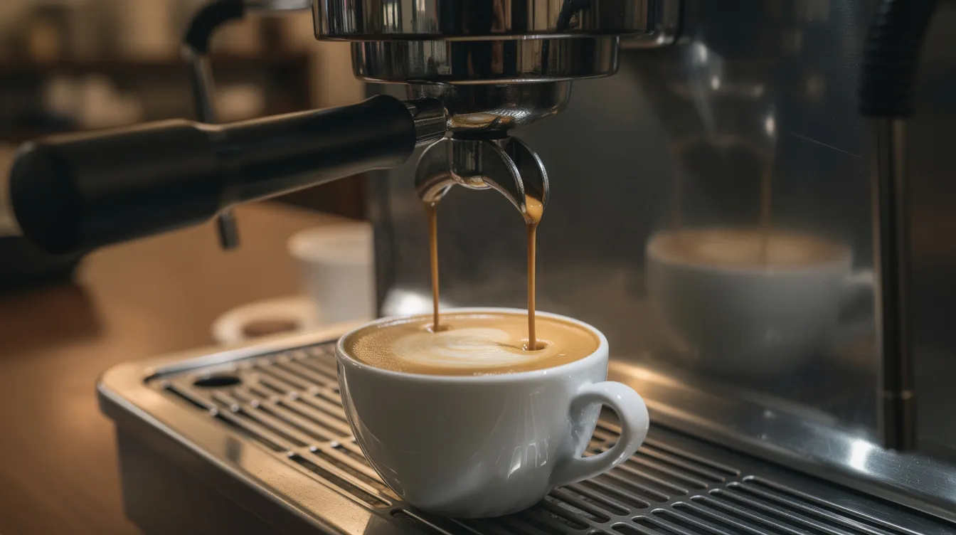 An espresso machine is expertly pulling a double shot of espresso, showcasing a rich layer of golden crema as it fills a small ceramic cup. This scene highlights the precision and artistry involved in brewing great coffee, perfect for coffee drinkers who appreciate quality espresso.
