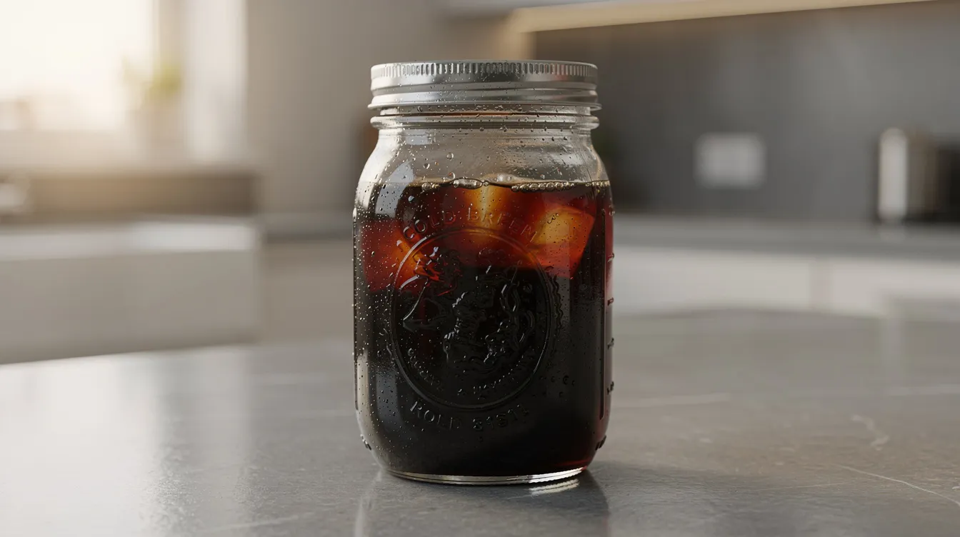 A glass mason jar filled with dark cold brew coffee concentrate sits on a kitchen counter, showcasing its rich color and inviting appearance, perfect for creating delicious iced coffee drinks at home. The scene captures the essence of homemade coffee recipes, ideal for a refreshing morning cup or a fancy coffee drink to enjoy at any time.