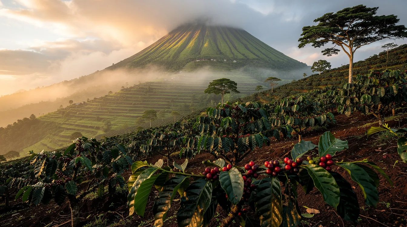 The image depicts a vibrant coffee plantation thriving on the slopes of a lush volcanic mountain, surrounded by misty clouds. This picturesque scene highlights the rich volcanic soil that nurtures the coffee beans, making it an ideal location for gourmet coffee lovers to discover fresh, single-origin coffee from Costa Rica.