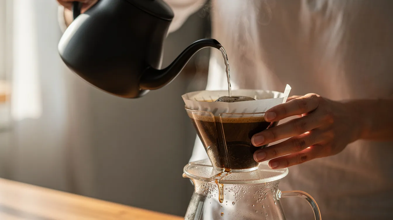 A person is carefully pouring hot water from a gooseneck kettle onto coffee grounds in a glass pour over dripper, demonstrating the precise pouring technique essential for producing a good cup of pour over coffee. The scene captures the brewing method's focus on even saturation and control, highlighting the art of making coffee.