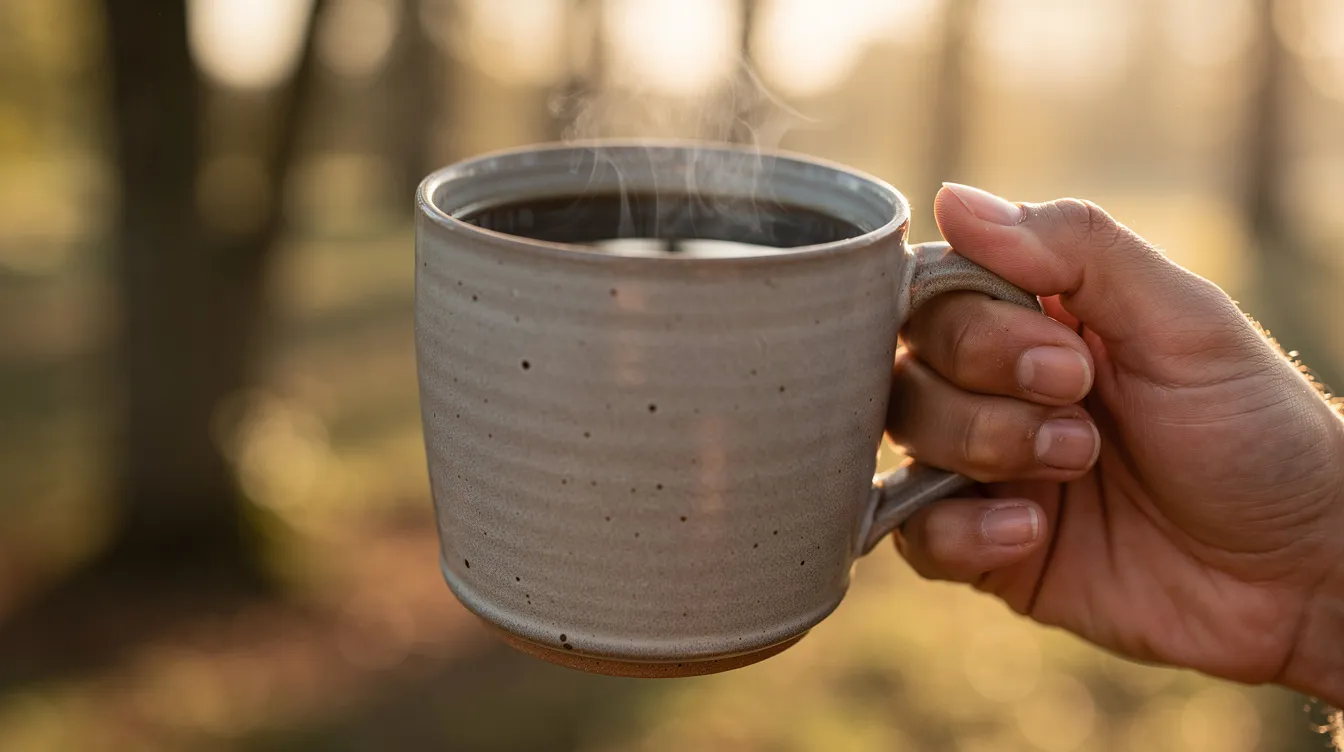 A hand is holding a small ceramic mug of black coffee outdoors, with morning sunlight illuminating the scene. The rich, smooth taste of the brewed coffee is highlighted, inviting coffee drinkers to savor the best coffee to drink black.