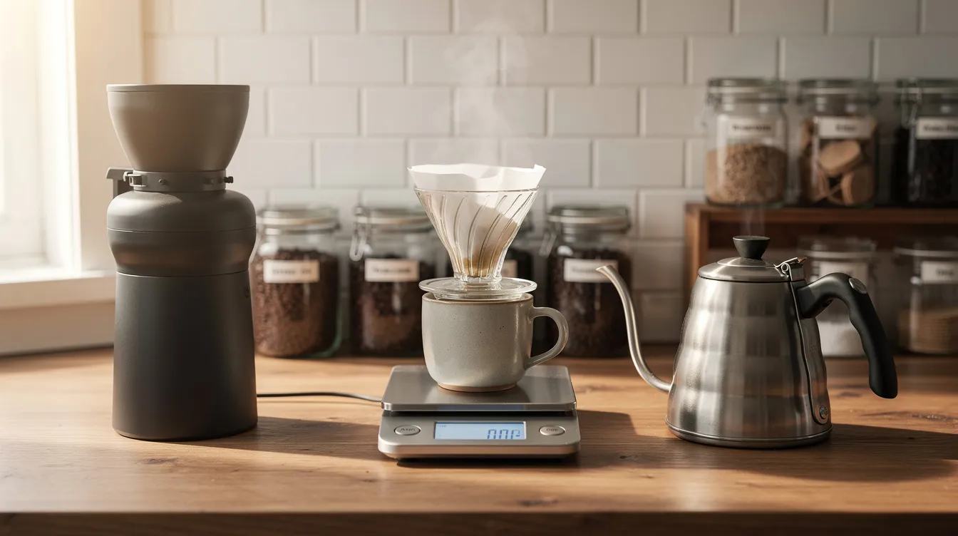 The image features a beautifully arranged coffee corner, showcasing a burr grinder, pour-over dripper, scale, and kettle, all placed on a wooden countertop, perfect for coffee lovers seeking a great coffee setup. The conical burr grinder promises consistent grind quality, ideal for various brew methods like drip coffee and espresso shots.