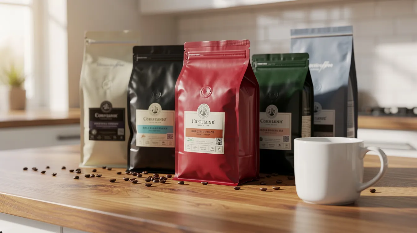 The image features various bags of whole bean coffee, showcasing different roasters and blends, arranged neatly on a wooden kitchen counter next to a ceramic mug. The scene evokes the aroma of freshly roasted beans and the promise of a flavorful cup of coffee to start the morning.