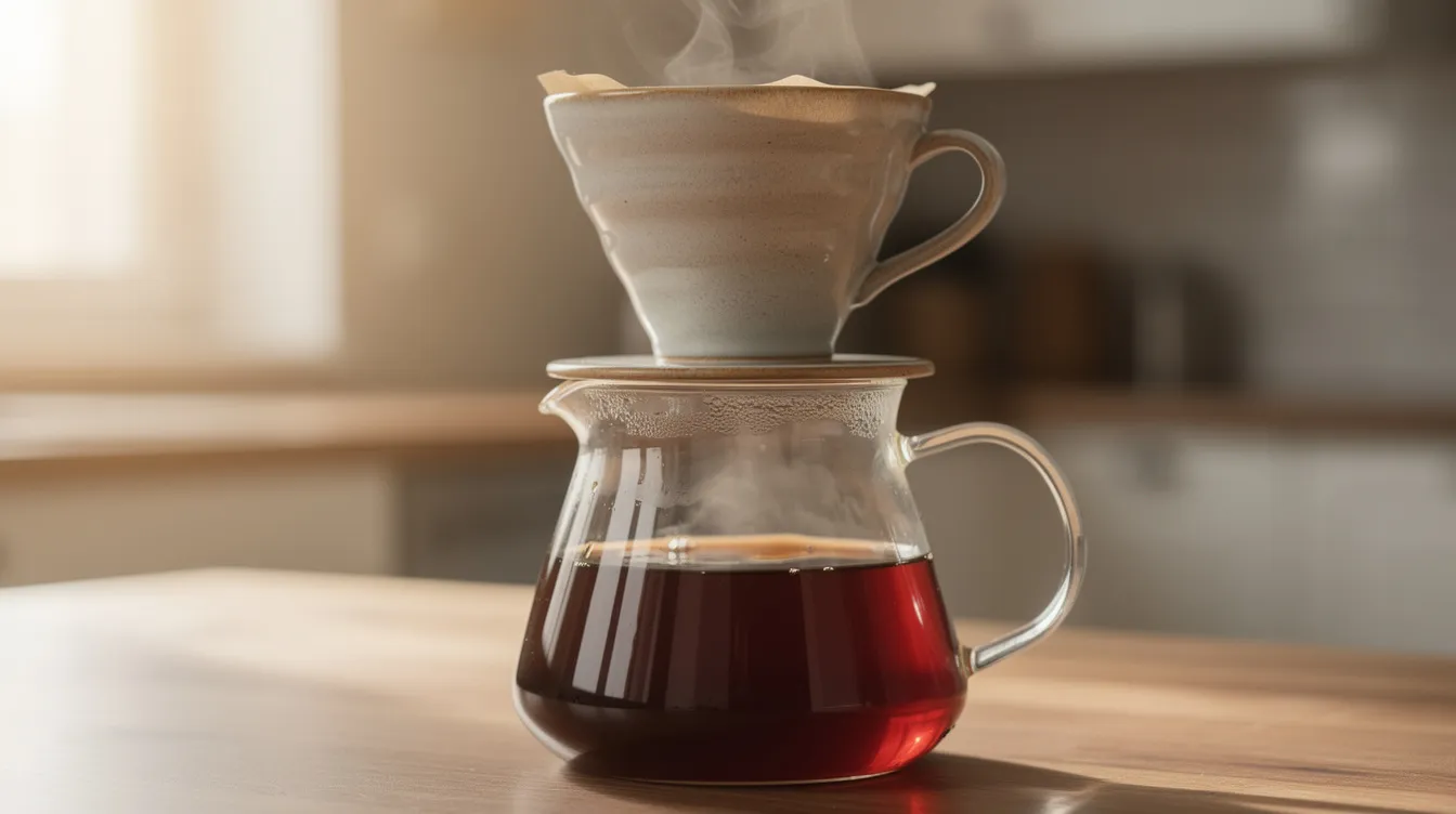A ceramic pour-over coffee dripper sits atop a glass server, with steam rising from a freshly brewed cup of coffee, showcasing the rich aroma and bold flavor of the dark roast. The scene captures the essence of quality beans, perfect for coffee drinkers who appreciate the unique characteristics of fresh roasted coffee.