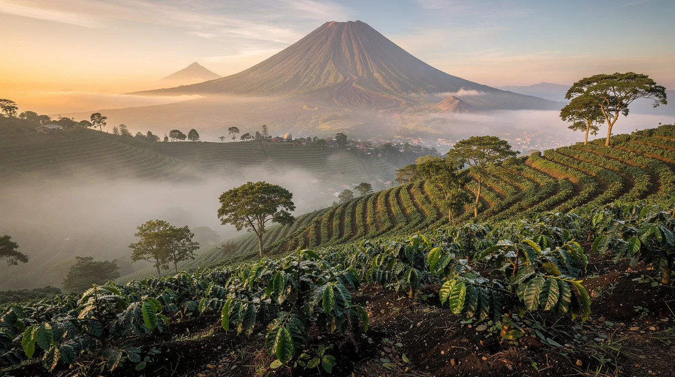 The image depicts misty volcanic mountain slopes adorned with rows of coffee plants on terraced hillsides, showcasing the rich volcanic soil that contributes to the complex flavors and bright acidity found in specialty coffee. This picturesque landscape is essential for cultivating high-quality coffee beans, highlighting the unique coffee growing regions that shape coffee's flavor profiles.