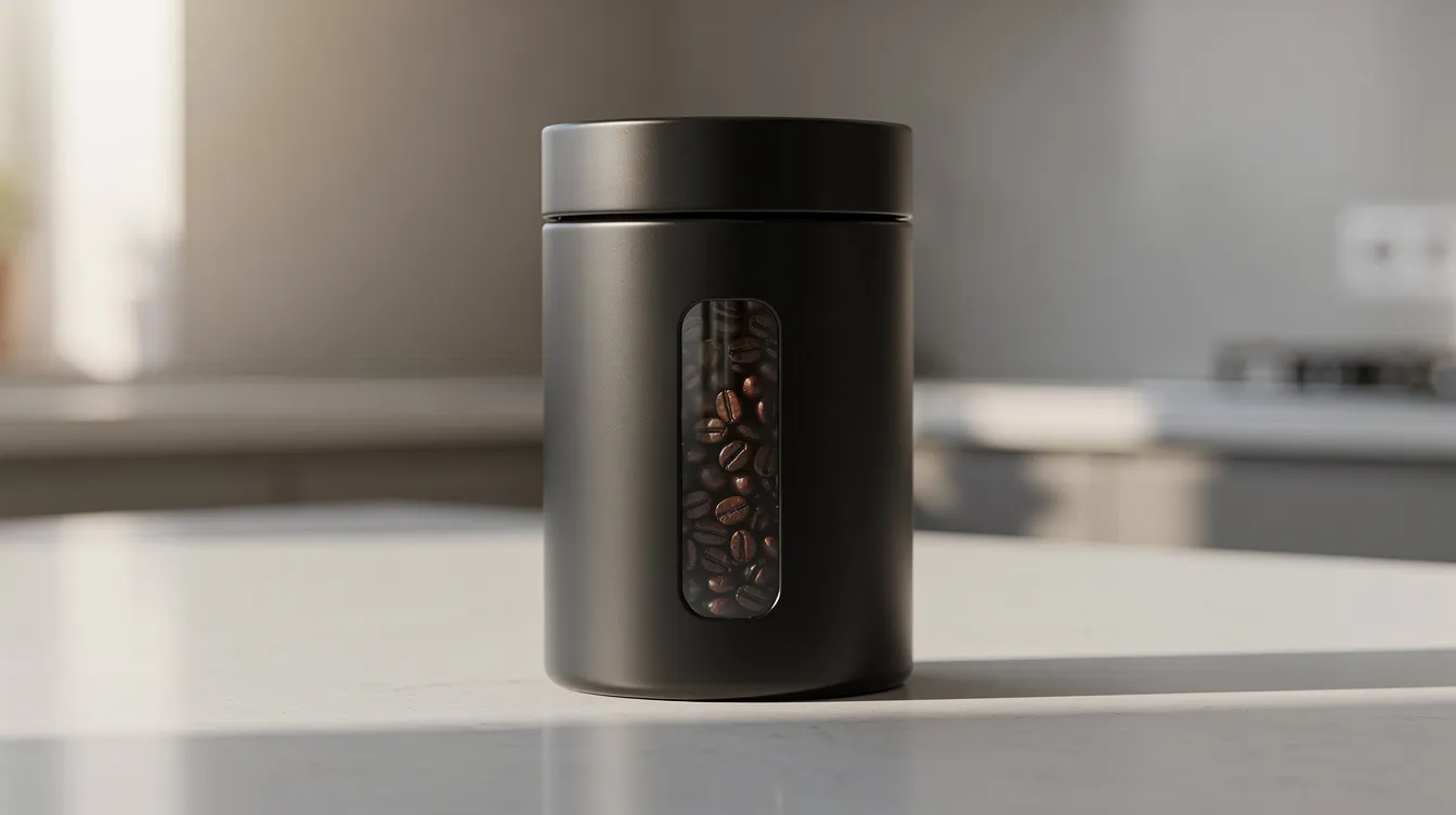 An airtight matte black coffee storage canister sits on a kitchen counter, showcasing whole coffee beans through a small window. The canister is designed to keep freshly roasted coffee beans fresh, ideal for coffee drinkers who appreciate high-quality coffee with rich flavor profiles.