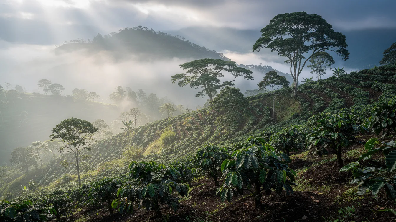 The image depicts misty mountain slopes adorned with lush green coffee plants and shade trees, characteristic of the Jamaican Blue Mountain region. This tropical highland landscape highlights the premium quality of Jamaican coffee production, known for its exceptional flavor and aroma.
