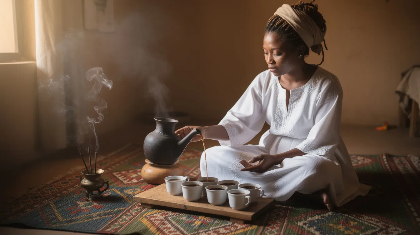 An Ethiopian woman is performing a traditional coffee ceremony on a woven mat, using a clay jebena pot to brew finely ground coffee, while small cups and burning incense create an inviting atmosphere. This ritual, rich in coffee culture, showcases the elaborate customs and social gatherings that surround the beloved beverage in Ethiopia.