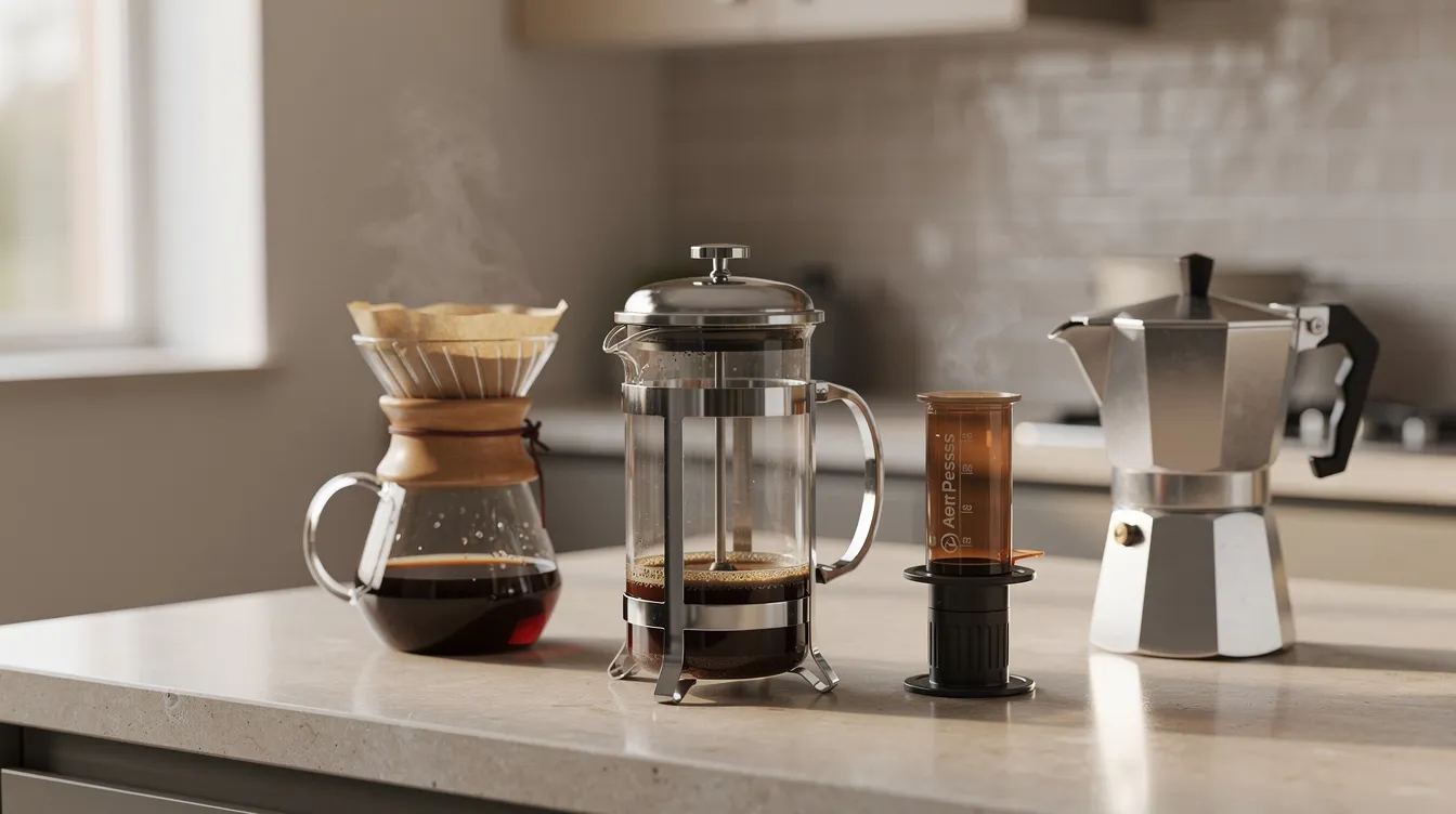 The image features a variety of manual coffee brewers, including a French press, pour-over dripper, AeroPress, and moka pot, all neatly arranged on a kitchen counter, showcasing options for coffee lovers to explore different brewing methods for a perfect cup of coffee. Each brewer offers a unique way to enjoy freshly ground coffee, emphasizing the importance of selecting high-quality beans for the best flavor.