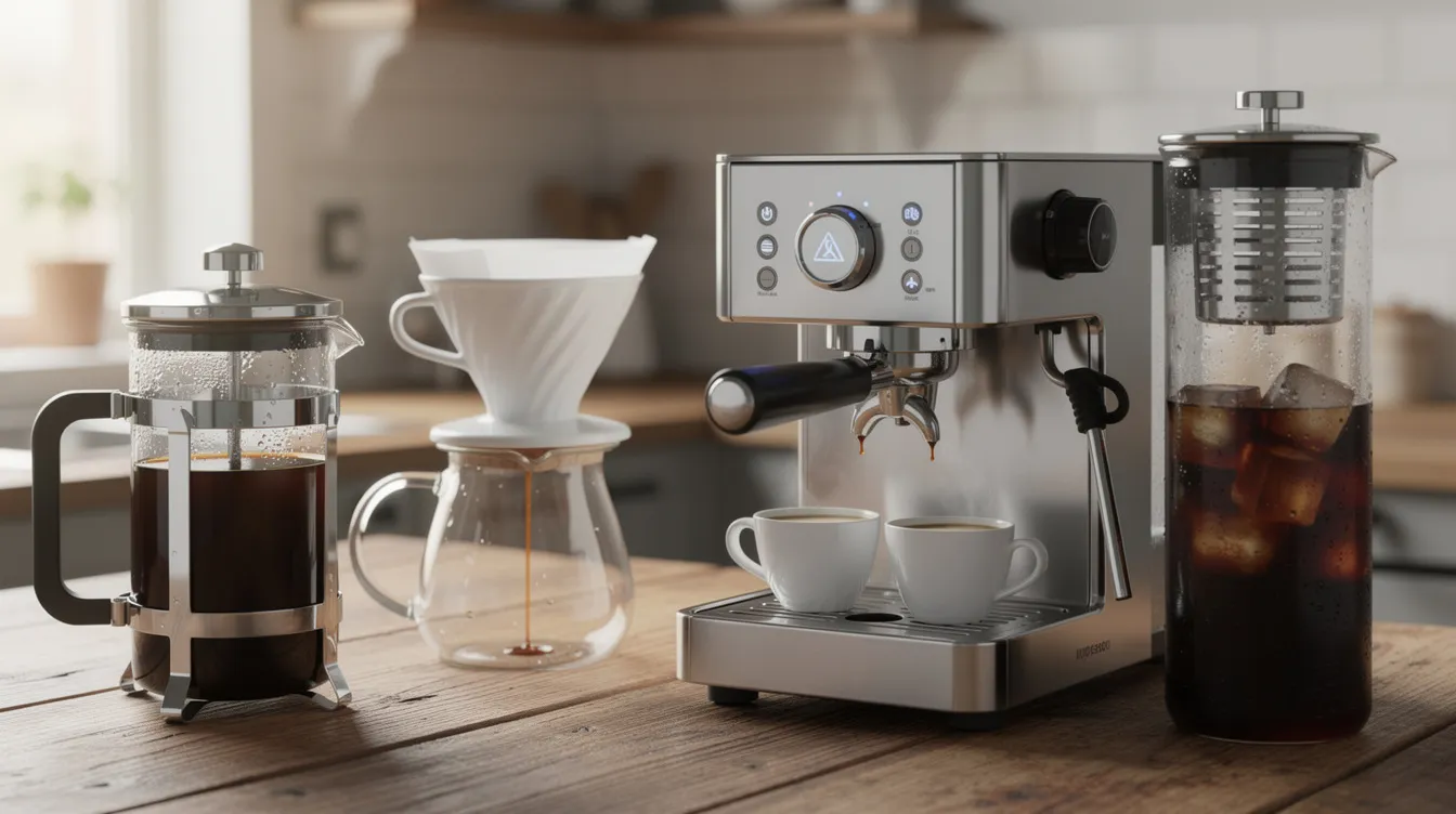 The image features an assortment of coffee brewing equipment, including a French press, pour over dripper, espresso machine, and cold brew pitcher, all neatly arranged on a wooden kitchen counter, showcasing various coffee brewing methods. This setup highlights the different techniques for making coffee, from full immersion to espresso style brewing.