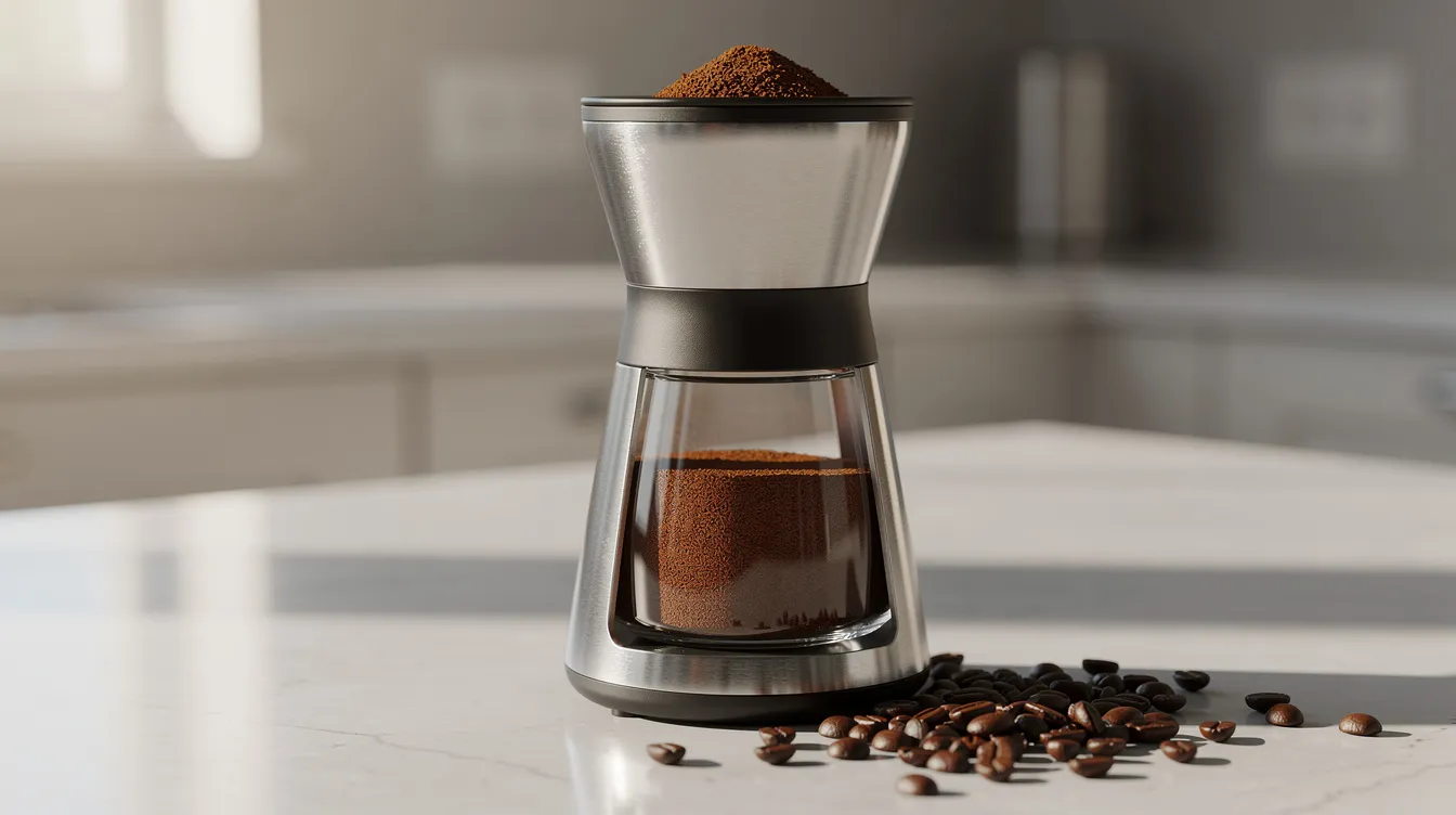 The image features a conical burr grinder filled with freshly ground coffee in its catch cup, while whole coffee beans are scattered around it, highlighting the process of making coffee. This setup is ideal for achieving excellent coffee quality, whether for drip coffee or espresso.