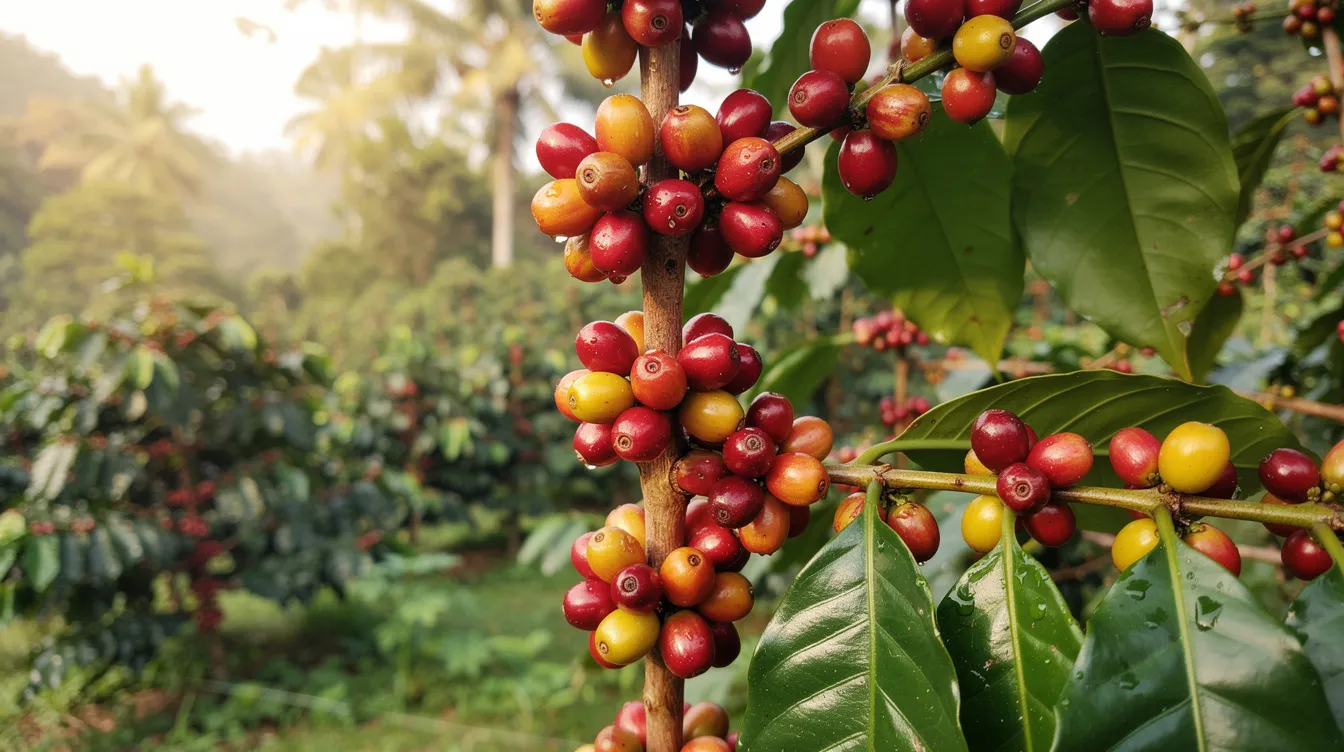 The image depicts ripe red and yellow coffee cherries hanging from the branches of a coffee tree, set against a vibrant, lush tropical backdrop. This scene highlights the natural beauty of coffee cultivation, showcasing the fruit that will eventually be processed into coffee beans for brewing.