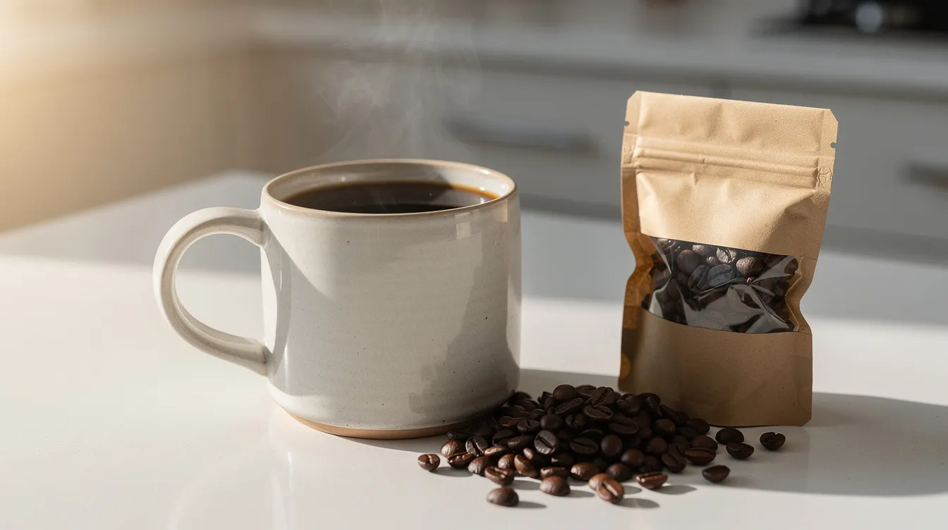 A steaming ceramic mug of dark roast coffee sits on a kitchen counter, accompanied by a small bag of freshly roasted whole coffee beans, showcasing the rich aroma and quality that coffee lovers appreciate. This scene highlights the essence of coffee culture, inviting coffee drinkers to indulge in the flavorful experience of specialty coffee.