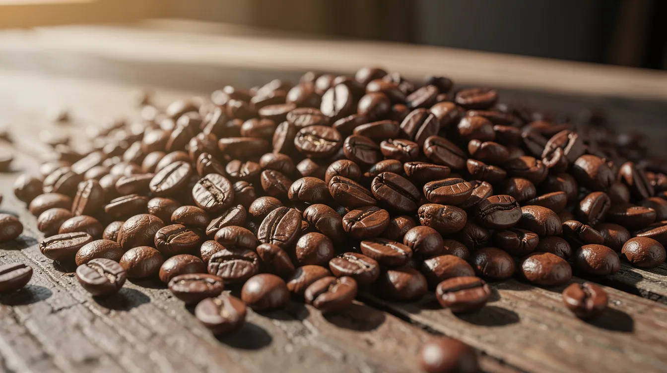 The image features freshly roasted whole coffee beans scattered across a rustic wooden table, illuminated by warm natural lighting, evoking a cozy atmosphere for coffee drinkers and enthusiasts of specialty coffee brands. The rich textures and colors of the beans highlight their quality, inviting viewers to savor the experience of great coffee.