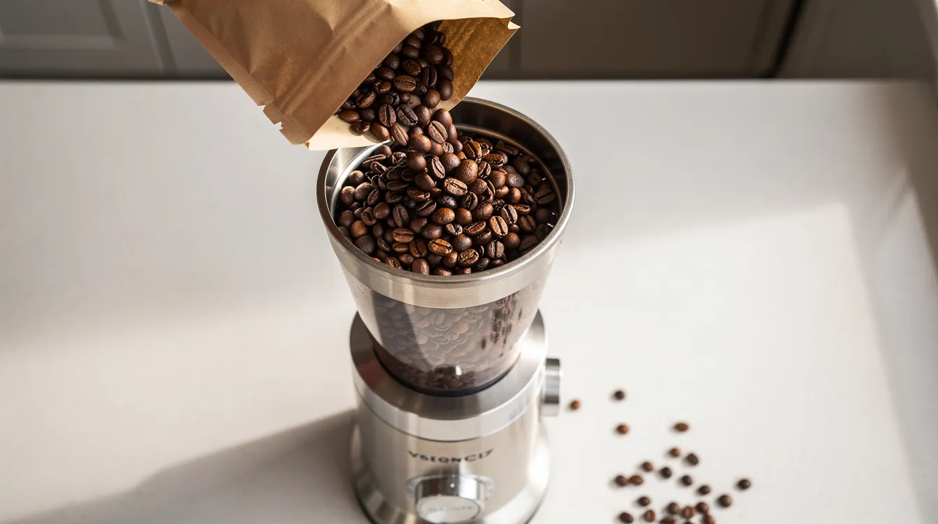 An overhead view captures whole coffee beans being poured from a bag into the hopper of a stainless steel burr grinder, ideal for coffee lovers seeking a consistent grind for their espresso or drip coffee. The kitchen counter setting highlights the grinding process, emphasizing the importance of grind quality and size for achieving great coffee.