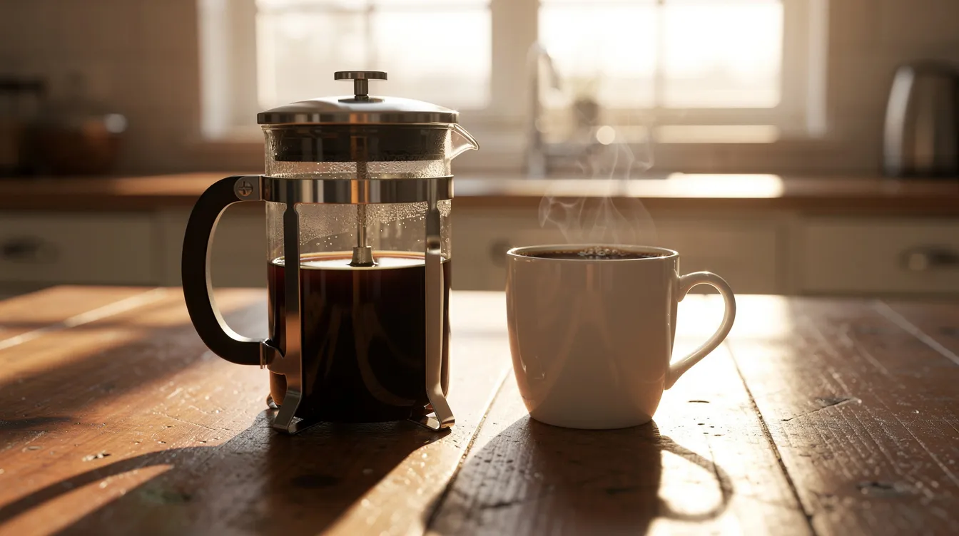 A French press carafe sits on a wooden kitchen table beside a ceramic mug filled with dark roast coffee, illuminated by morning light streaming through a window. The scene evokes the aroma of freshly roasted coffee beans, perfect for coffee drinkers seeking a full-bodied cup to start their day.