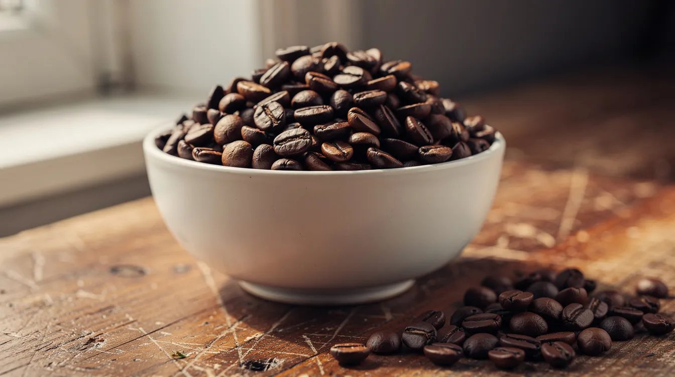 A ceramic bowl filled with freshly roasted whole coffee beans sits atop a rustic wooden table, showcasing the rich colors and textures that appeal to coffee lovers. The aroma of the dark roast beans hints at the delicate flavors and natural sweetness that await in every brew.