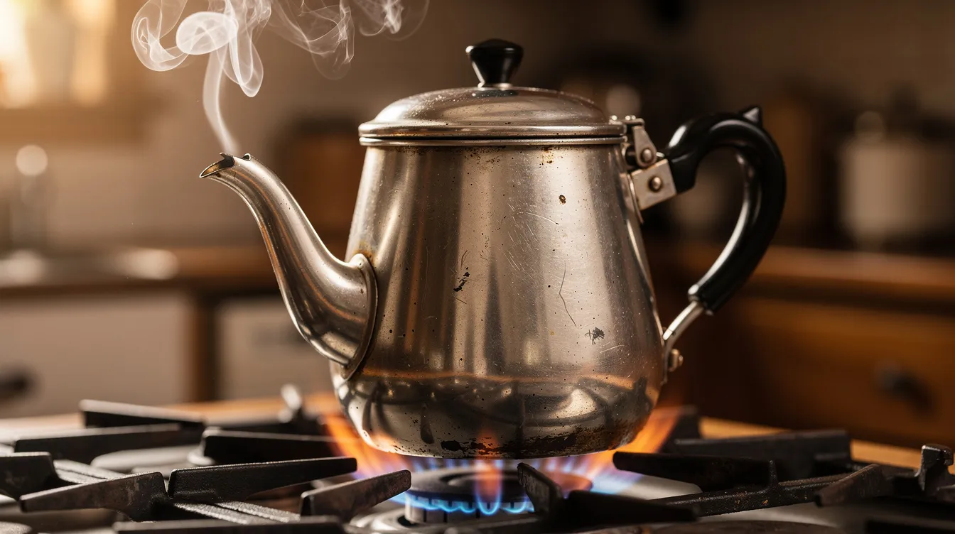A vintage stovetop coffee percolator sits on a gas burner, with steam rising from the spout, indicating the brewing process of freshly ground coffee. The scene captures the essence of traditional coffee making, showcasing the percolator's classic design and the anticipation of a good cup of coffee.