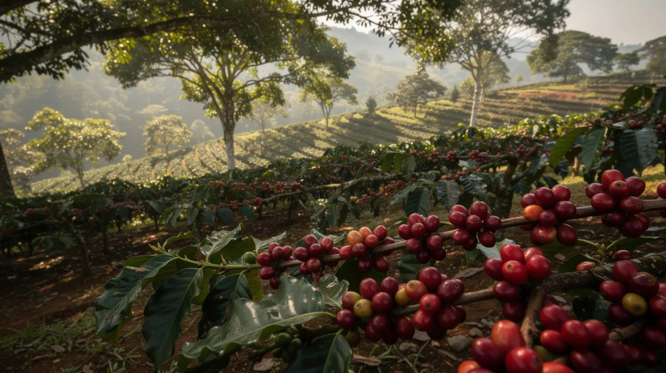 The image depicts a hillside coffee plantation with lush green coffee plants bearing ripe red cherries, surrounded by shade trees. These coffee cherries are the fruit of the coffee plant, which may include varieties such as arabica beans and robusta coffee beans, essential for the global coffee culture.