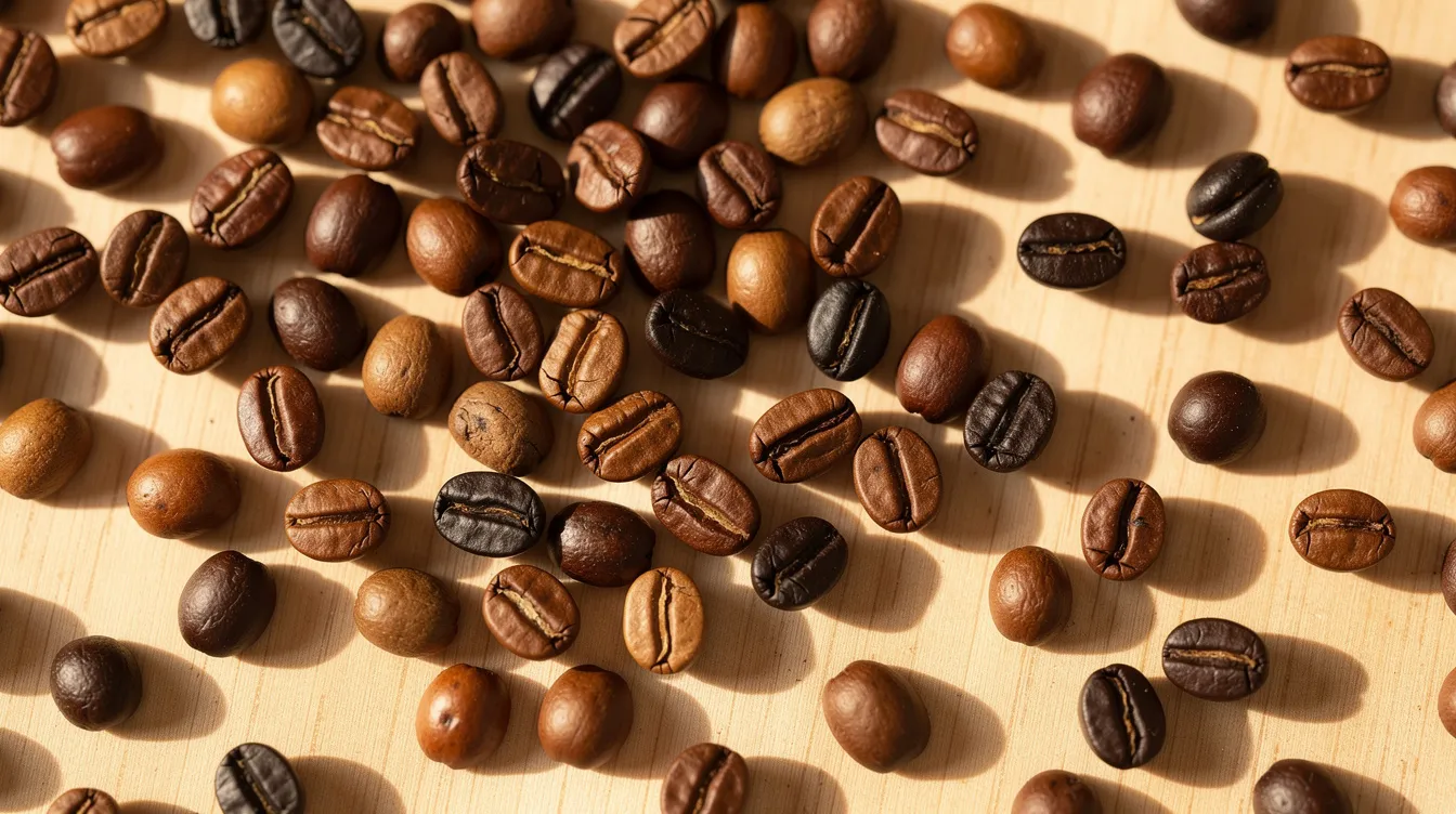 An assortment of roasted coffee beans is artfully arranged on a light wooden surface, showcasing a spectrum of colors from pale brown to nearly black, highlighting the diversity in quality coffee beans. This visual representation captures the essence of freshly roasted coffee, appealing to coffee lovers and enthusiasts alike.