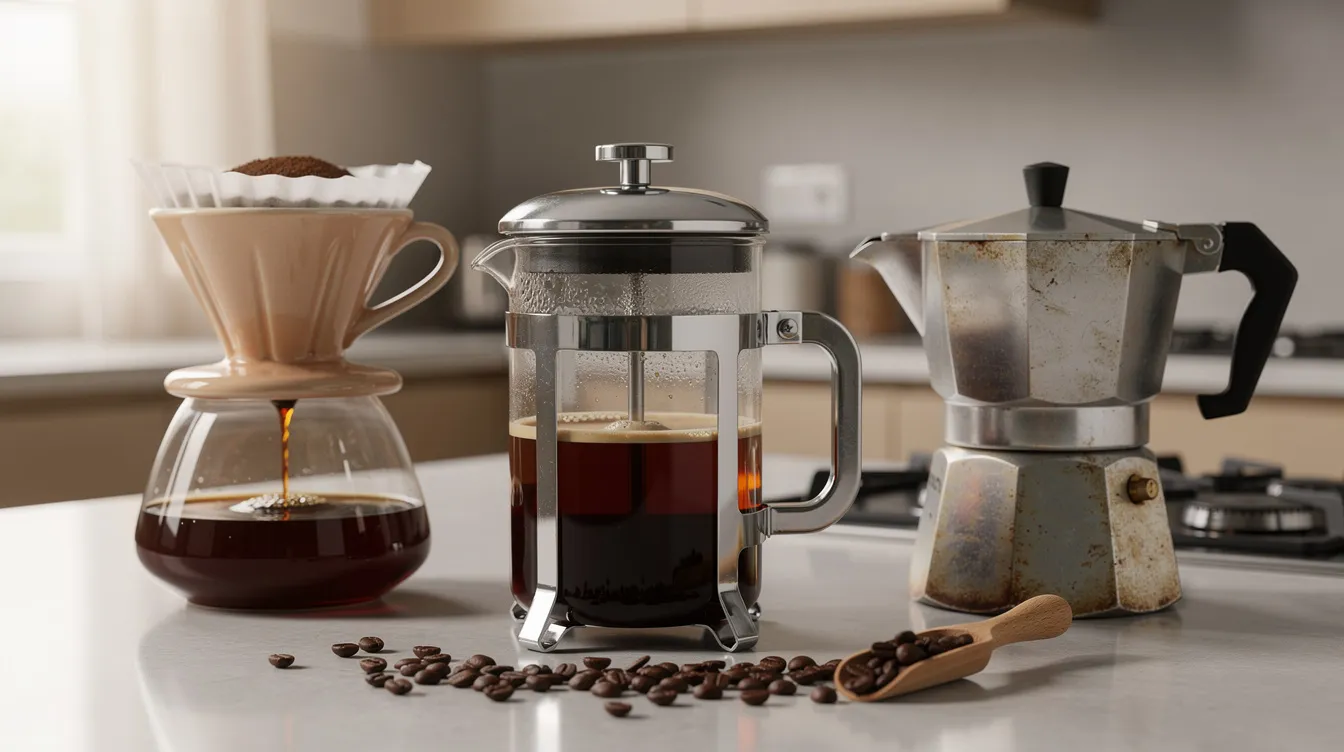 The image features a collection of coffee brewing devices, including a French press, a pour-over dripper, and a moka pot, all neatly arranged on a kitchen countertop. This setup invites coffee enthusiasts to explore different brewing methods and discover the unique flavor profiles of various coffee beans, including arabica and robusta.