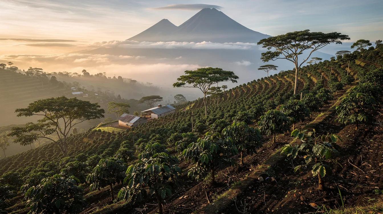 The image depicts a vibrant Guatemalan highland coffee farm with neatly arranged rows of coffee plants thriving on steep slopes, while majestic volcanic peaks rise in the misty background. This picturesque scene showcases the ideal conditions for growing high-quality Guatemalan coffee beans, highlighting the beauty of coffee cultivation in this unique region.