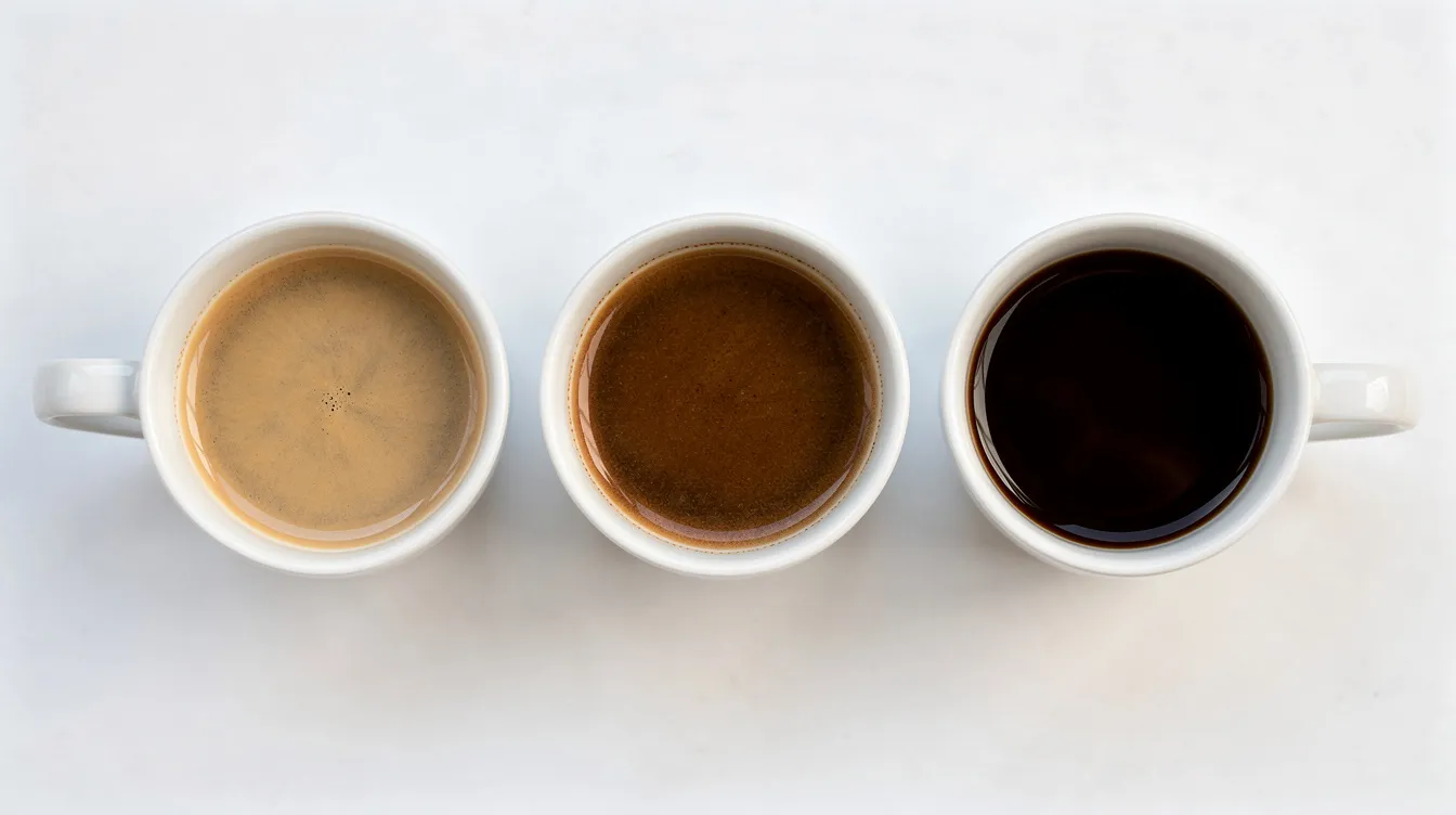 The image features three ceramic cups of brewed coffee arranged from light to dark, showcasing the distinct color differences between light roast, medium roast, and dark roast levels. This visual representation highlights the variety in roast levels that specialty coffee brands offer, appealing to coffee drinkers who appreciate the unique characteristics of freshly roasted coffee.