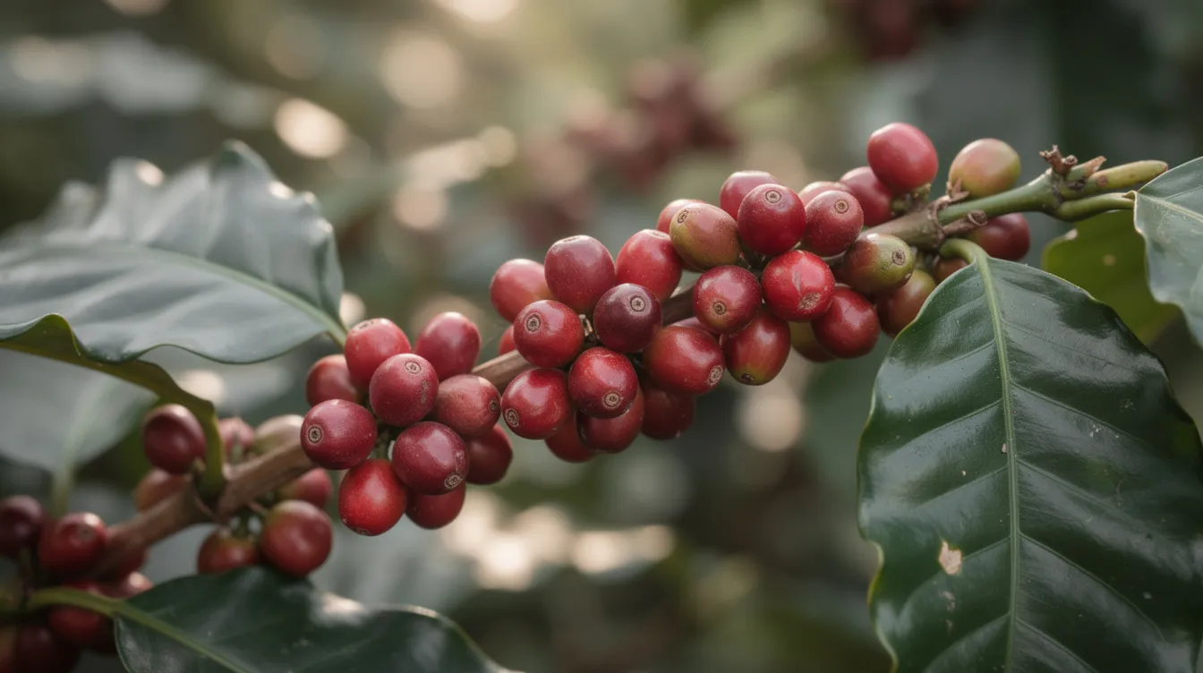 A close-up view of ripe red coffee cherries clinging to a branch, surrounded by lush green leaves, illuminated by soft natural light. This image highlights the vibrant colors of coffee cherries, which are essential in coffee production, particularly for high-quality arabica coffee grown in tropical climates.