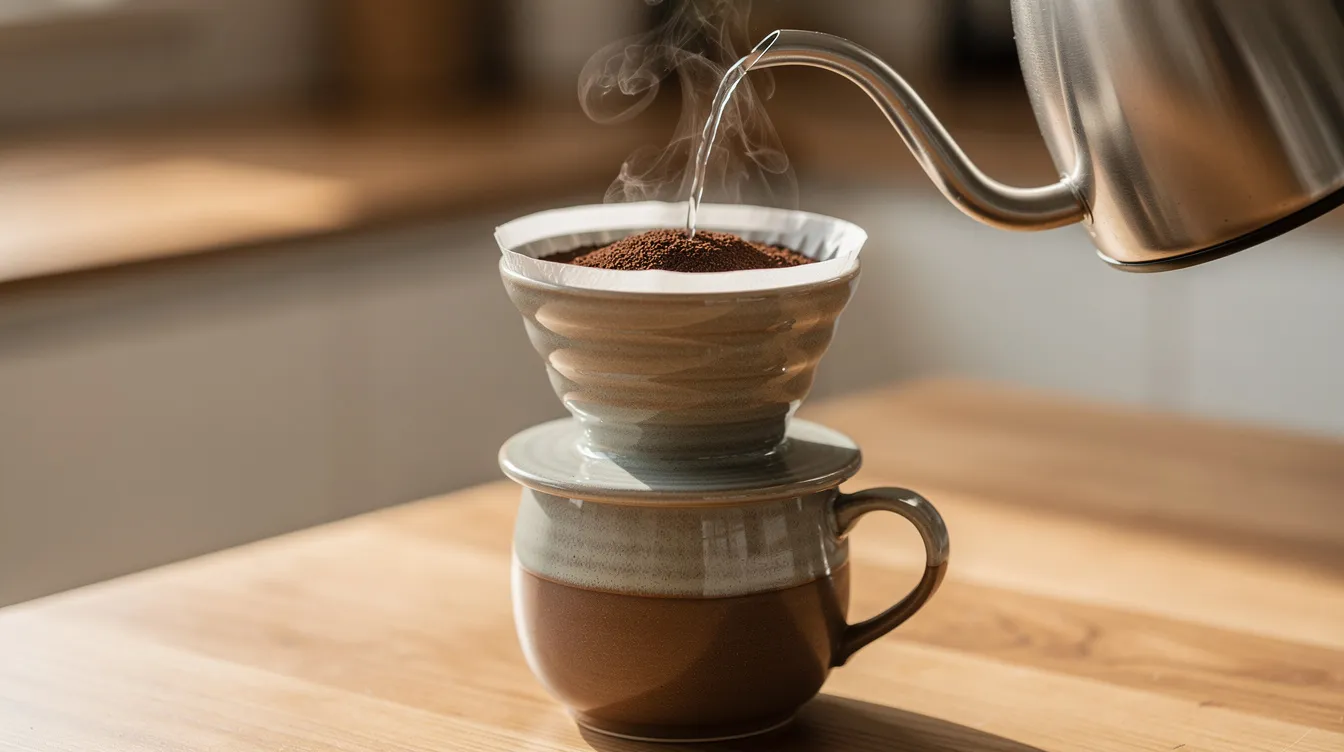 A ceramic pour-over dripper is shown as hot water is poured in a slow spiral over freshly roasted coffee grounds, with steam rising into the air, creating an inviting aroma for coffee drinkers. This brewing method highlights the flavors of single origin beans and reflects the craftsmanship of specialty coffee brands.