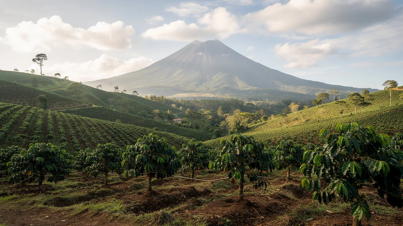 The image depicts rows of lush coffee trees thriving on rolling green hills, with a majestic volcanic mountain rising in the background under partly cloudy skies. This picturesque scene represents a coffee growing region, highlighting the rich soil and ideal climate conditions for cultivating high-quality arabica coffee beans.