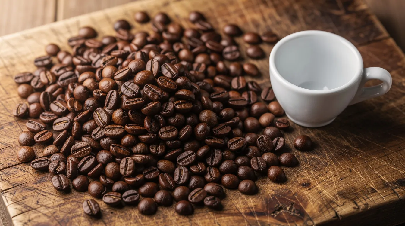 A rustic wooden cutting board is covered with whole coffee beans, showcasing their rich, dark hues, while a small ceramic cup sits nearby, hinting at the fresh roasted coffee awaiting to be brewed. The scene evokes a sense of warmth and quality, perfect for coffee drinkers seeking the best coffee experience.