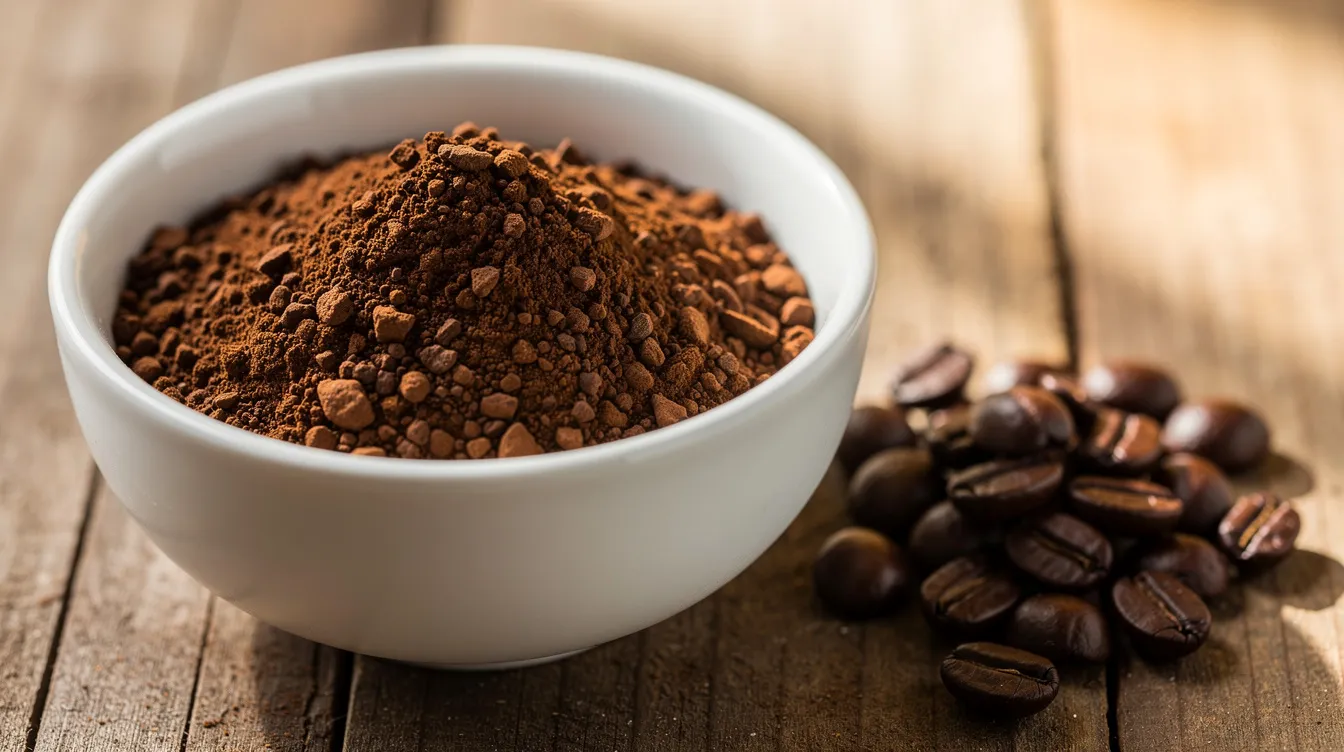 A close-up view showcases coarsely ground coffee beans in a ceramic bowl, accompanied by whole roasted beans, all resting on a rustic wooden surface. This image highlights the texture and color of the coffee, perfect for making cold brew or other brewing methods.