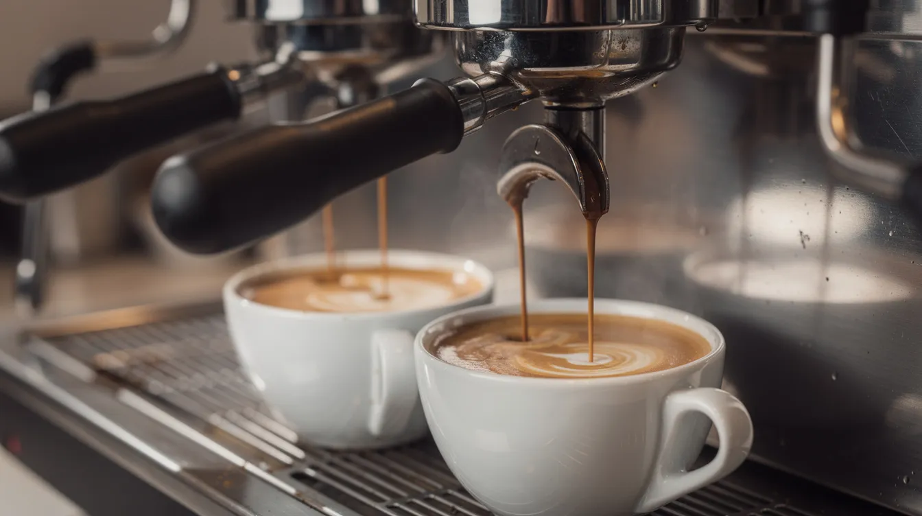 A close-up view of a traditional espresso machine extracting rich espresso, with a creamy layer of crema forming in white ceramic cups, showcasing the quality and precision of commercial coffee machines used in cafes and restaurants. The image highlights the brewing process, emphasizing the flavorful coffee that baristas serve to customers.