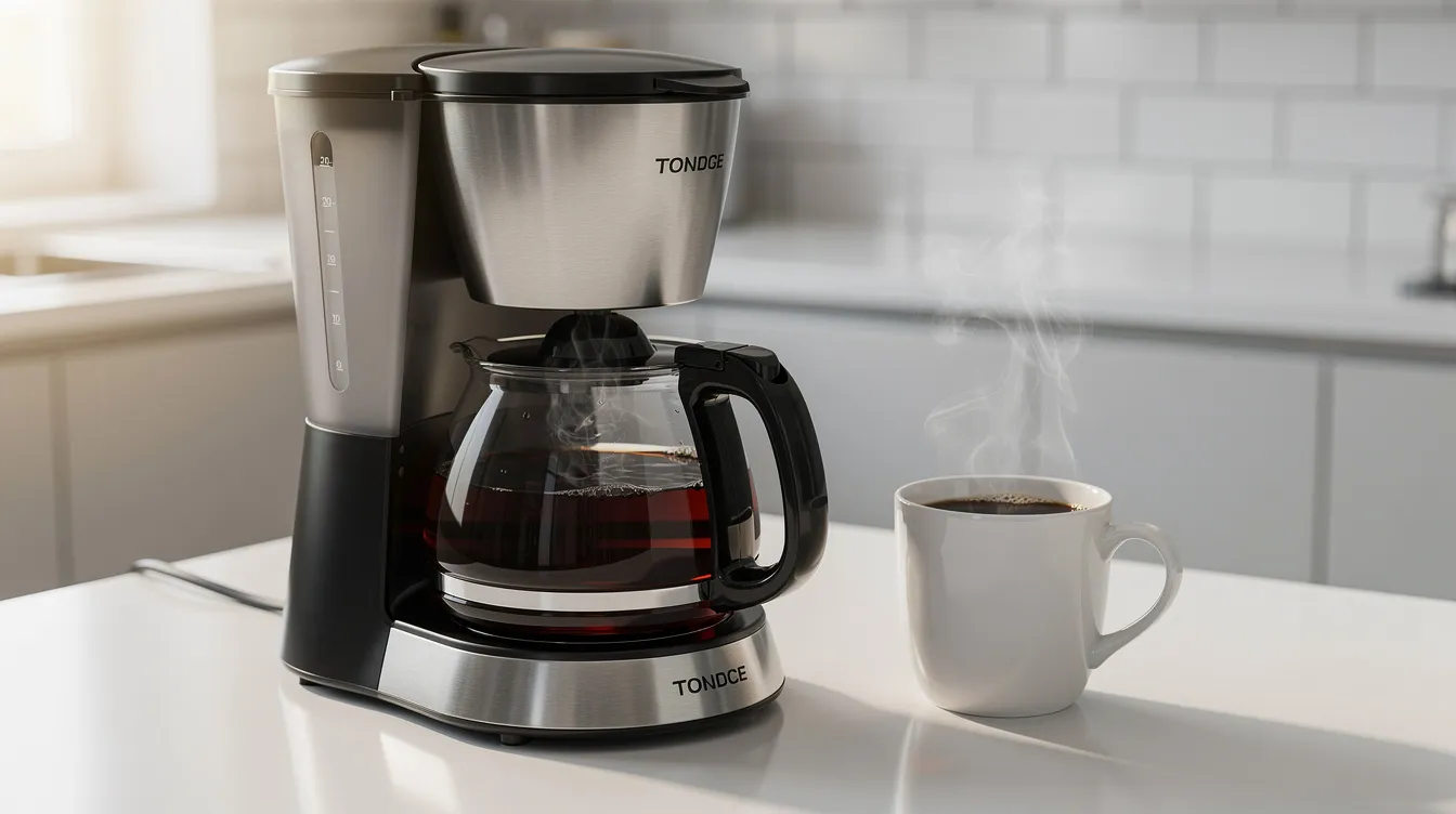 A modern drip coffee maker is prominently displayed on a clean kitchen counter, accompanied by a ceramic mug filled with rich black coffee, showcasing the perfect setup for coffee drinkers to enjoy their morning brew. This sleek machine is part of the best drip coffee makers, designed to deliver great coffee with ease.