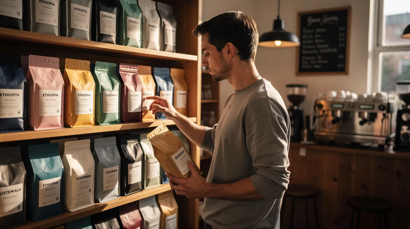 A person is standing in a specialty coffee shop, carefully examining various bags of whole bean coffee on a shelf, showcasing the diversity of coffee bean origins and their distinct flavor profiles. The scene highlights the passion of coffee lovers as they explore options that include Colombian and Costa Rican coffee, known for their vibrant acidity and complex flavors.