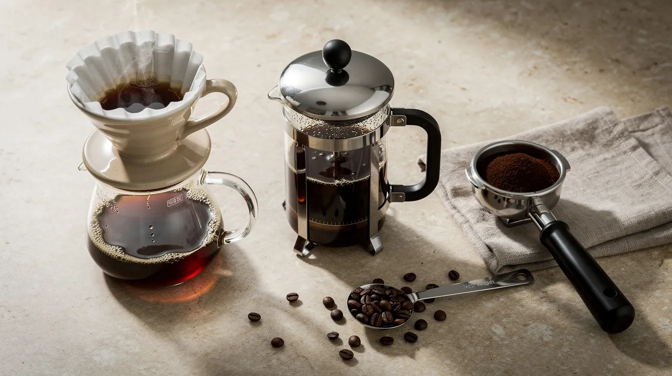 An overhead view of a kitchen counter showcases various coffee brewing equipment, including a pour-over dripper, French press, and espresso portafilter, surrounded by different types of coffee beans like arabica and robusta. This arrangement highlights the diverse coffee culture and the tools used by coffee enthusiasts to explore unique flavor profiles.