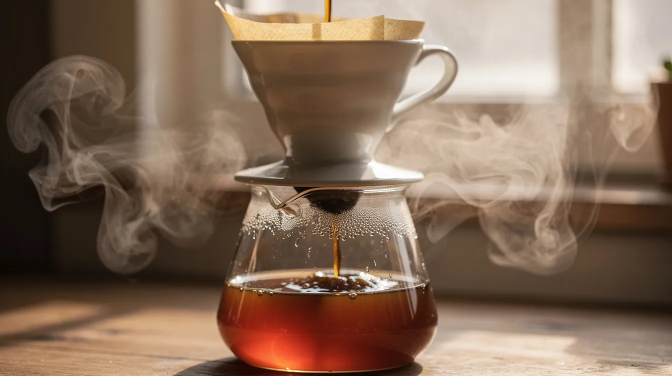 A ceramic V60 pour over coffee maker sits atop a glass server, with freshly brewed coffee dripping through a paper filter, steam rising gently into the air. The scene captures the essence of manual brewing, showcasing the art of pouring hot water over coffee grounds for a flavorful cup.