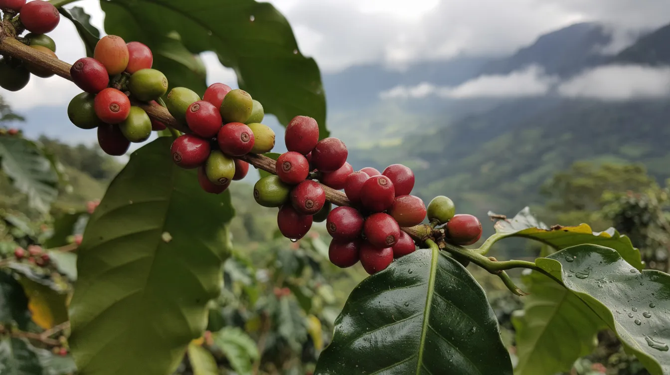 The image depicts vibrant coffee cherries ripening on a coffee plant branch, set against a backdrop of lush green mountainous terrain. This scene highlights the origin of high-quality arabica beans, essential for crafting the perfect cup of coffee with rich flavor notes.