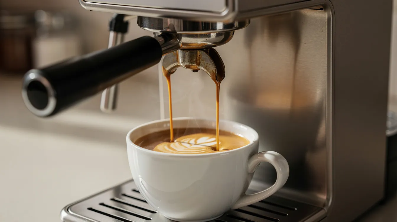 An espresso shot is being extracted from a sleek home espresso machine into a ceramic cup, showcasing the rich, dark color of the brew that coffee lovers cherish. The scene captures the moment of brewing, emphasizing the delicate flavors and aromas that define a great coffee experience.