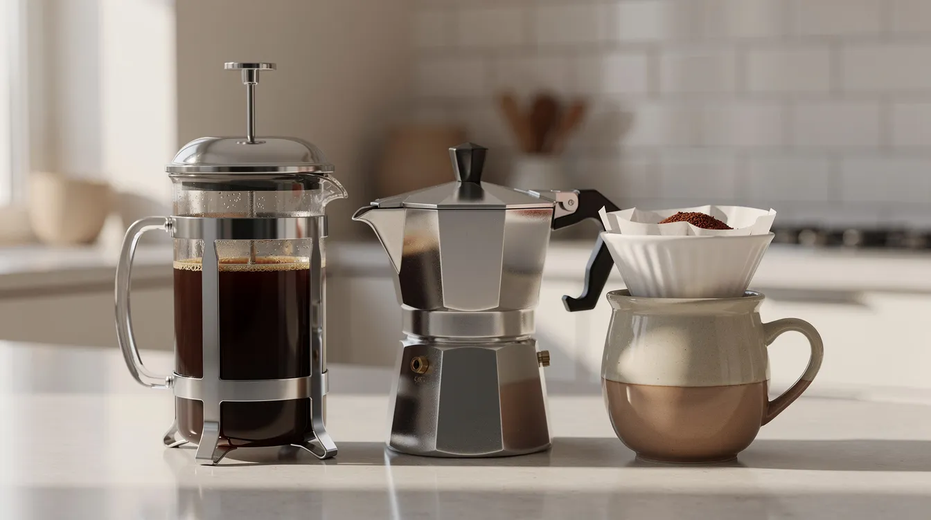 The image features a French press, a moka pot, and a pour-over dripper neatly arranged on a kitchen counter, showcasing a variety of brewing methods for coffee enthusiasts. Each brewing device hints at the potential for creating excellent coffee from fresh roasted coffee beans, inviting coffee drinkers to explore unique flavor profiles and optimal freshness.