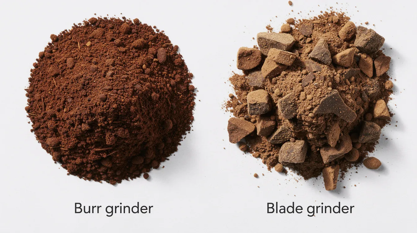 The image shows a close-up comparison of coffee grounds, highlighting the uniform particle distribution from a burr grinder on one side, while the other side displays a mix of coarse and fine particles from a blade grinder. This visual emphasizes the importance of grind consistency for coffee lovers seeking the best coffee experience.