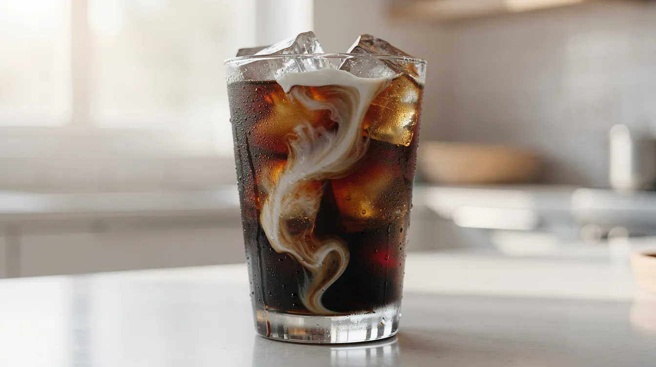A tall glass of smooth cold brew coffee filled with ice cubes and topped with a swirl of cream is set against a bright kitchen background, showcasing the refreshing beverage's dark color and inviting texture. The scene highlights the appeal of cold brew coffee, perfect for warm days.