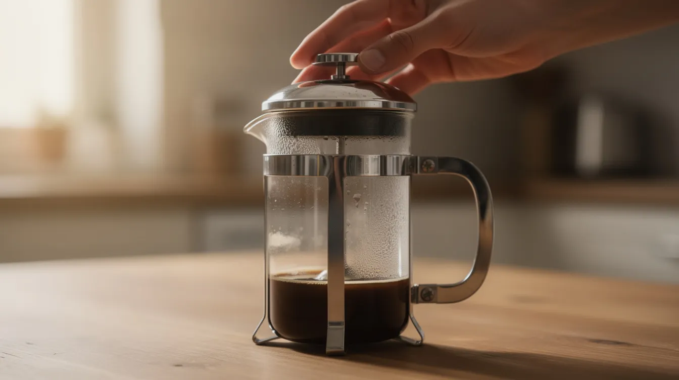 A glass French press filled with dark coffee sits on a surface, while a hand gently presses down the plunger, demonstrating the coffee brewing process. This method is perfect for extracting flavors from freshly roasted coffee beans, resulting in a delicious cup of coffee.