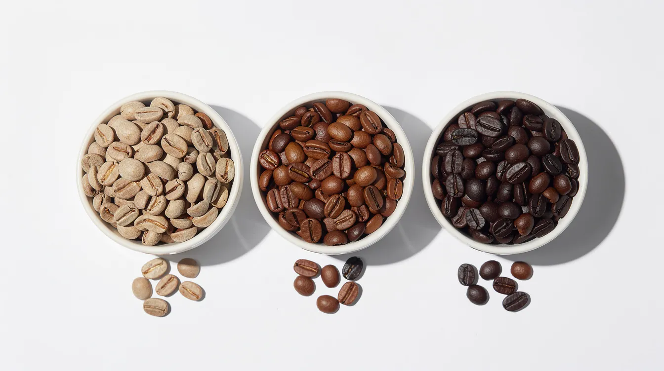 The image features three small bowls arranged in a row, each filled with light, medium, and dark roasted coffee beans on a clean white surface, showcasing the different roast levels that coffee lovers might consider when buying coffee for brewing methods like espresso or a French press. This visual highlights the variety of flavors and aromas associated with each roast, emphasizing the importance of choosing high-quality, freshly roasted beans for the perfect cup.