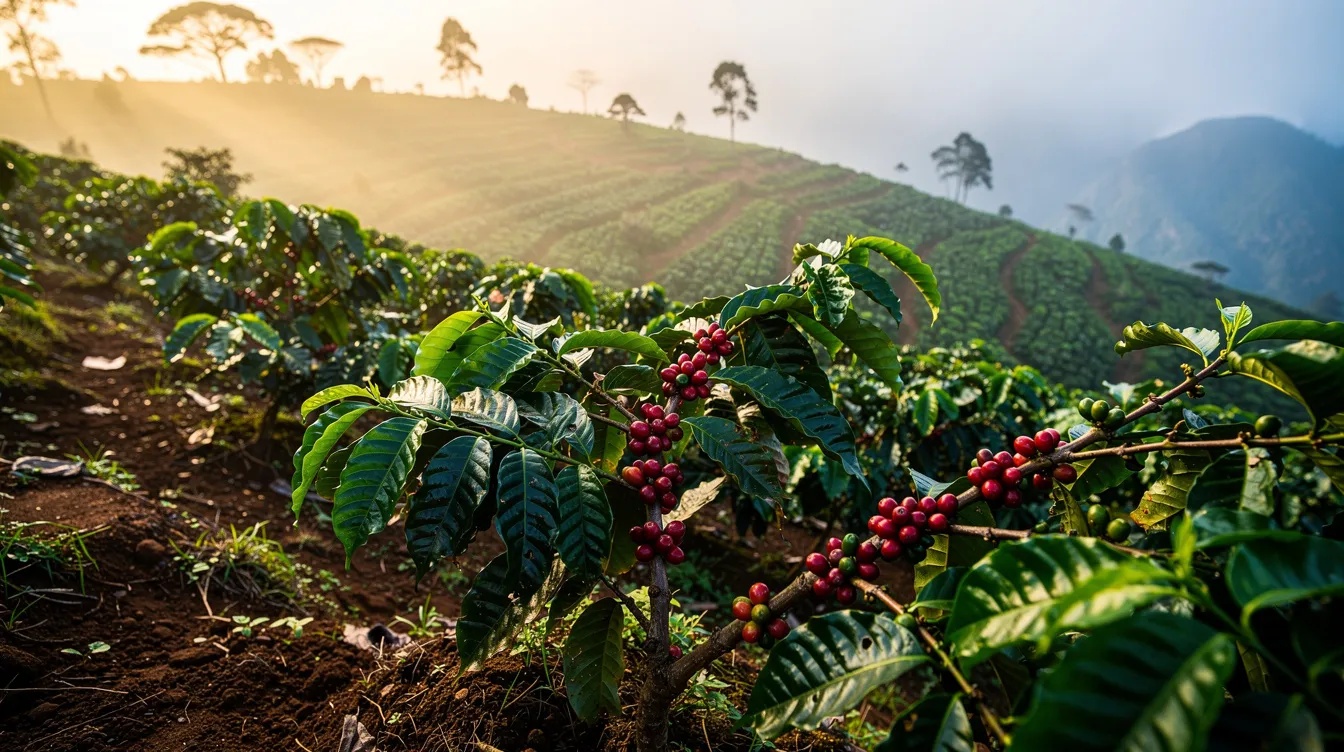 The image depicts lush green coffee plants flourishing on a misty hillside in Ethiopia, with vibrant red coffee cherries hanging from the branches, highlighting the rich coffee culture and cultivation traditions of the region. This scene reflects the global coffee traditions that shape every cup, showcasing the beauty of coffee production in its natural environment.