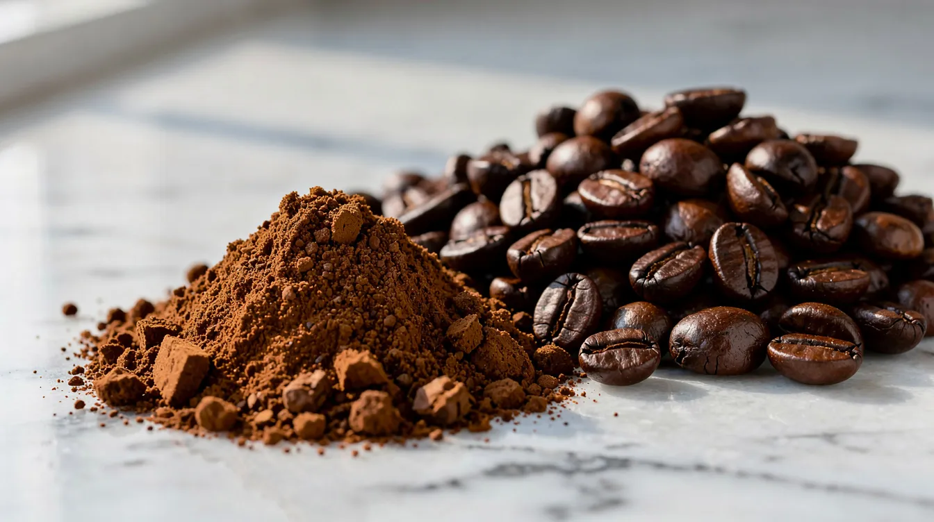 The image features coarsely ground coffee placed beside a pile of whole dark roasted coffee beans, all arranged on a smooth marble surface. The dark roast beans, known for their rich flavor profile, suggest a full-bodied cup perfect for coffee drinkers who appreciate high quality coffee.