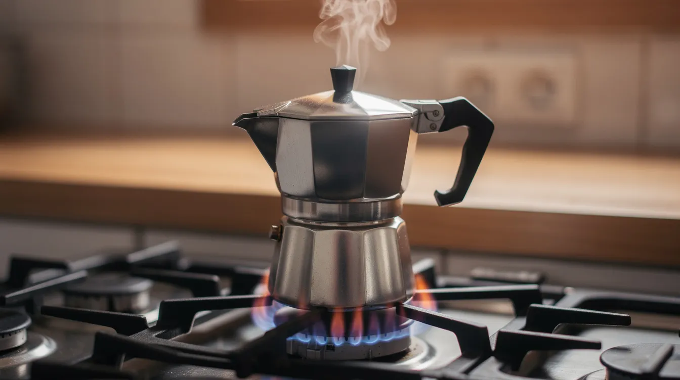 The image shows a stovetop moka pot on a gas burner, with steam rising from its spout, indicating the brewing process of coffee. This traditional method is known for producing a rich and flavorful cup of coffee, perfect for coffee aficionados.