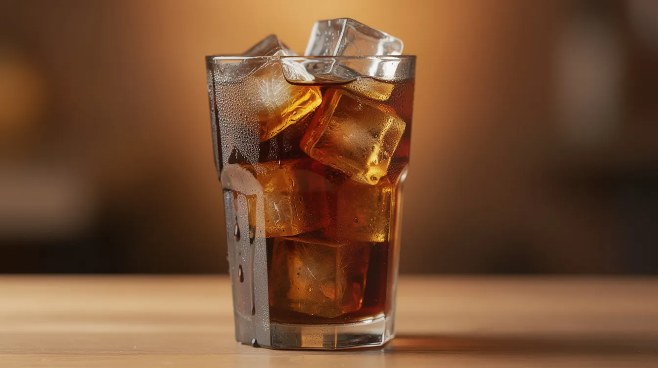 The image features a tall glass of cold brew coffee filled with ice cubes, showcasing condensation droplets on its surface, set against a warm, inviting background. This refreshing coffee drink, perfect for coffee consumers, highlights the rich flavors typical of specialty coffee brands.